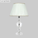 Contemporary White Pleated Shade Table Lamp With Beveled Crystal Prism Nightstand Light