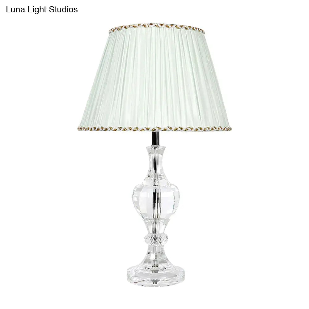 Contemporary White Pleated Shade Table Lamp With Beveled Crystal Prism Nightstand Light