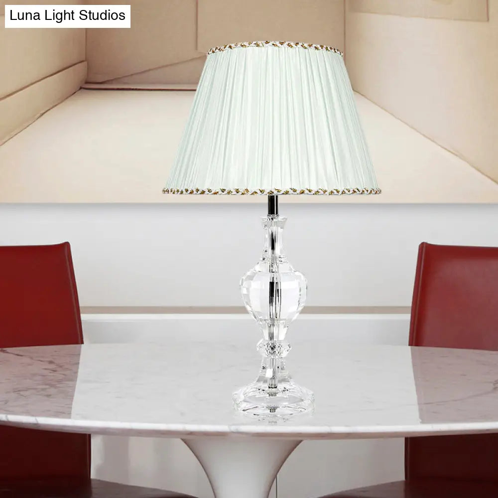Contemporary White Pleated Shade Table Lamp With Beveled Crystal Prism Nightstand Light