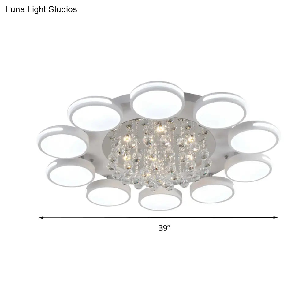Contemporary White Round Crystal Led Ceiling Light - Flush Mount With Warm/White/3 Color Lighting