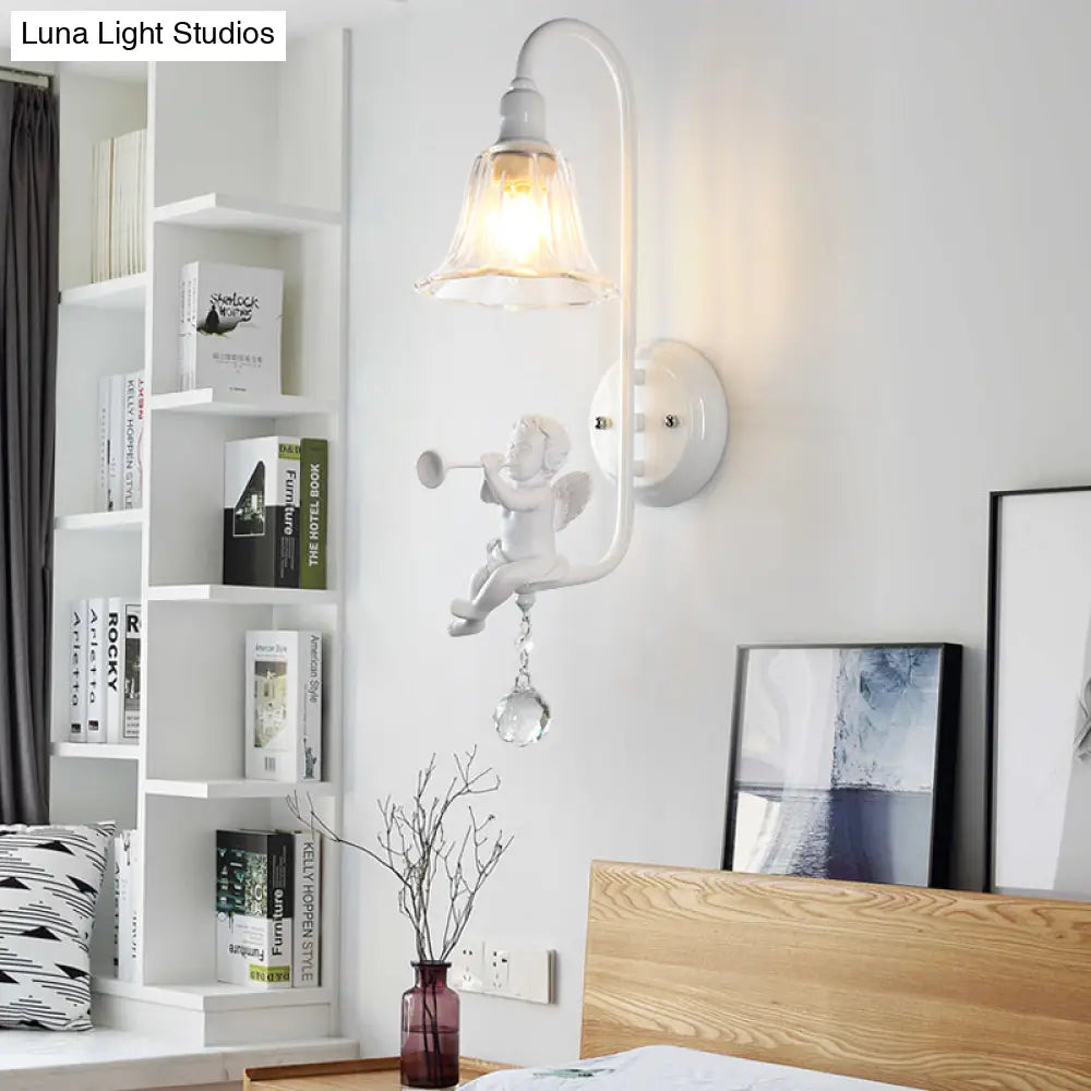 Contemporary White Wall Lamp With Bell Shade & Angel Design For Kids Room