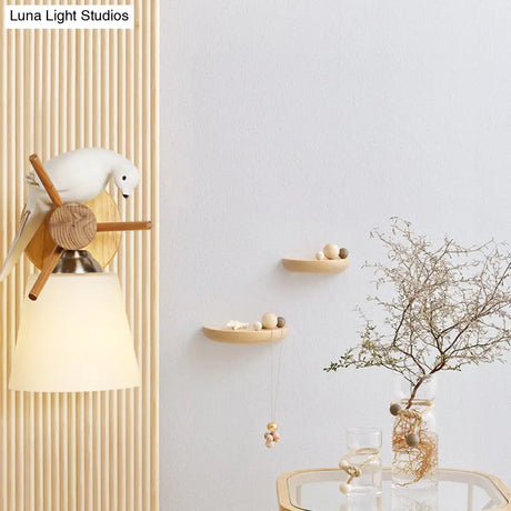 Contemporary White Wall Light With Bird Design For Library: Frosted Glass Tapered Shade Lamp