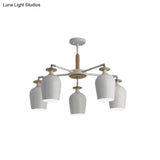 Contemporary Wine Glass Iron Semi Flush Mount Light With Wooden Cap - 5/10 Lights White
