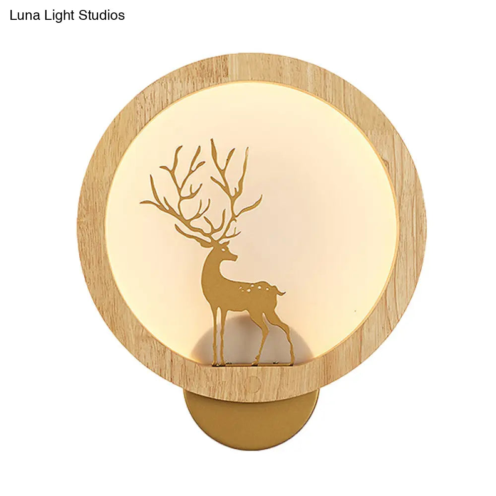 Contemporary Wood Halo Ring Led Wall Sconce Black/Beige With Sika Deer Silhouette