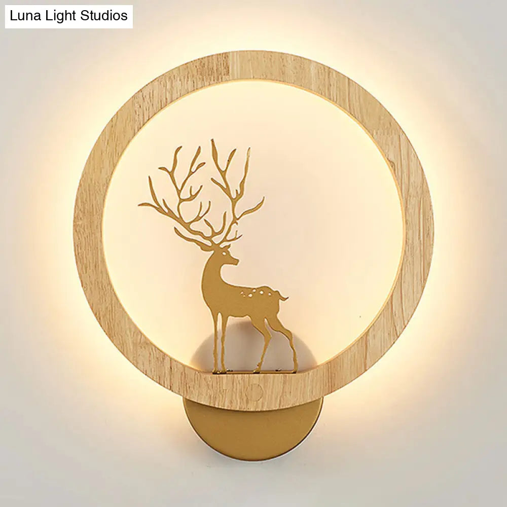 Contemporary Wood Halo Ring Led Wall Sconce Black/Beige With Sika Deer Silhouette