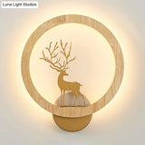 Contemporary Wood Halo Ring Led Wall Sconce Black/Beige With Sika Deer Silhouette