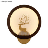 Contemporary Wood Halo Ring Led Wall Sconce Black/Beige With Sika Deer Silhouette