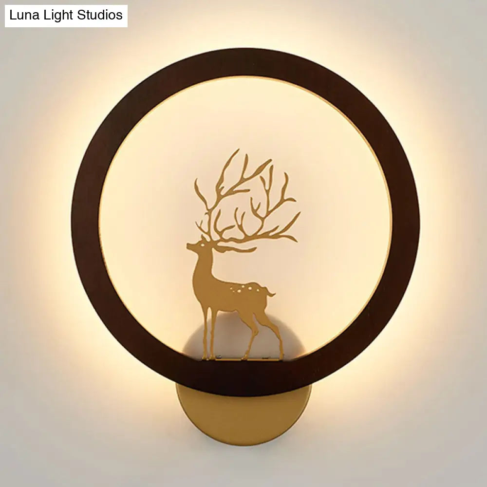 Contemporary Wood Halo Ring Led Wall Sconce Black/Beige With Sika Deer Silhouette