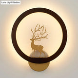 Contemporary Wood Halo Ring Led Wall Sconce Black/Beige With Sika Deer Silhouette