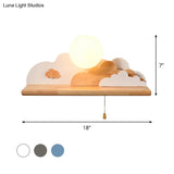 Contemporary Wood Sconce Light: Blue/White/Gray Wall Mount With Glass Shade & Pull Chain