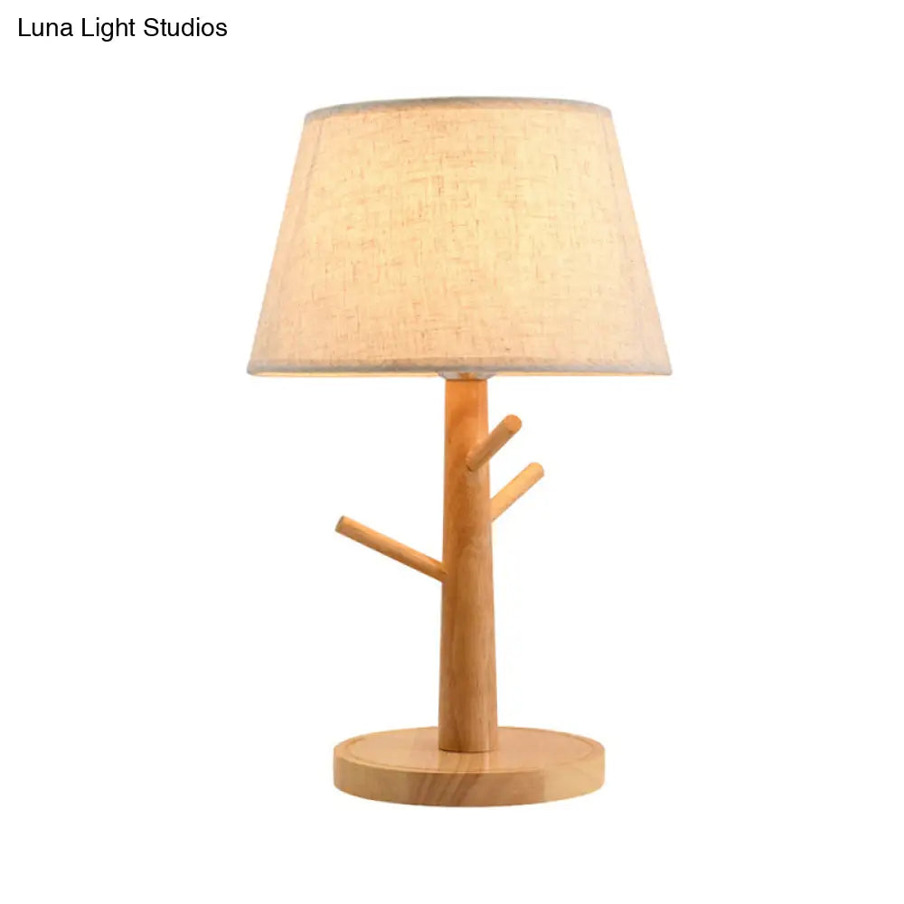 Contemporary Wood Tapered Drum Nightstand Lamp With Reading Light - Fabric Shade