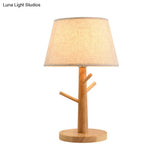 Contemporary Wood Tapered Drum Nightstand Lamp With Reading Light - Fabric Shade