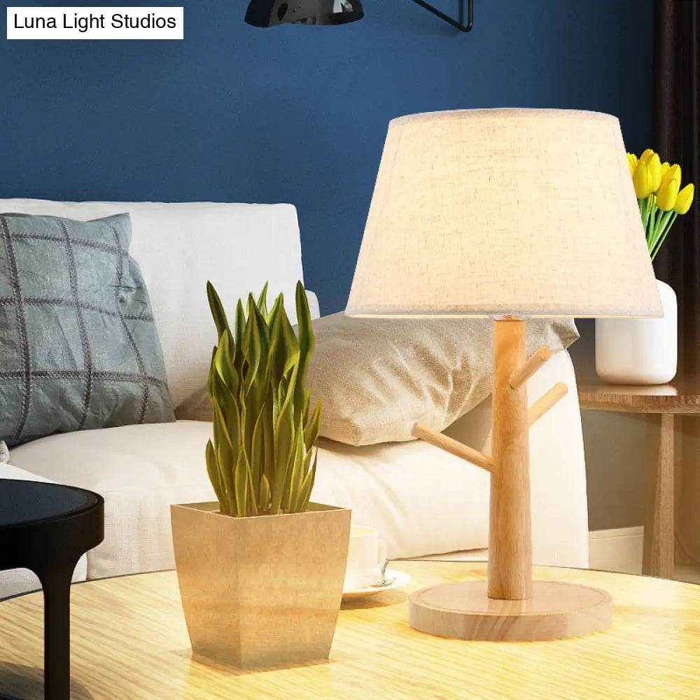 Contemporary Wood Tapered Drum Nightstand Lamp With Reading Light - Fabric Shade