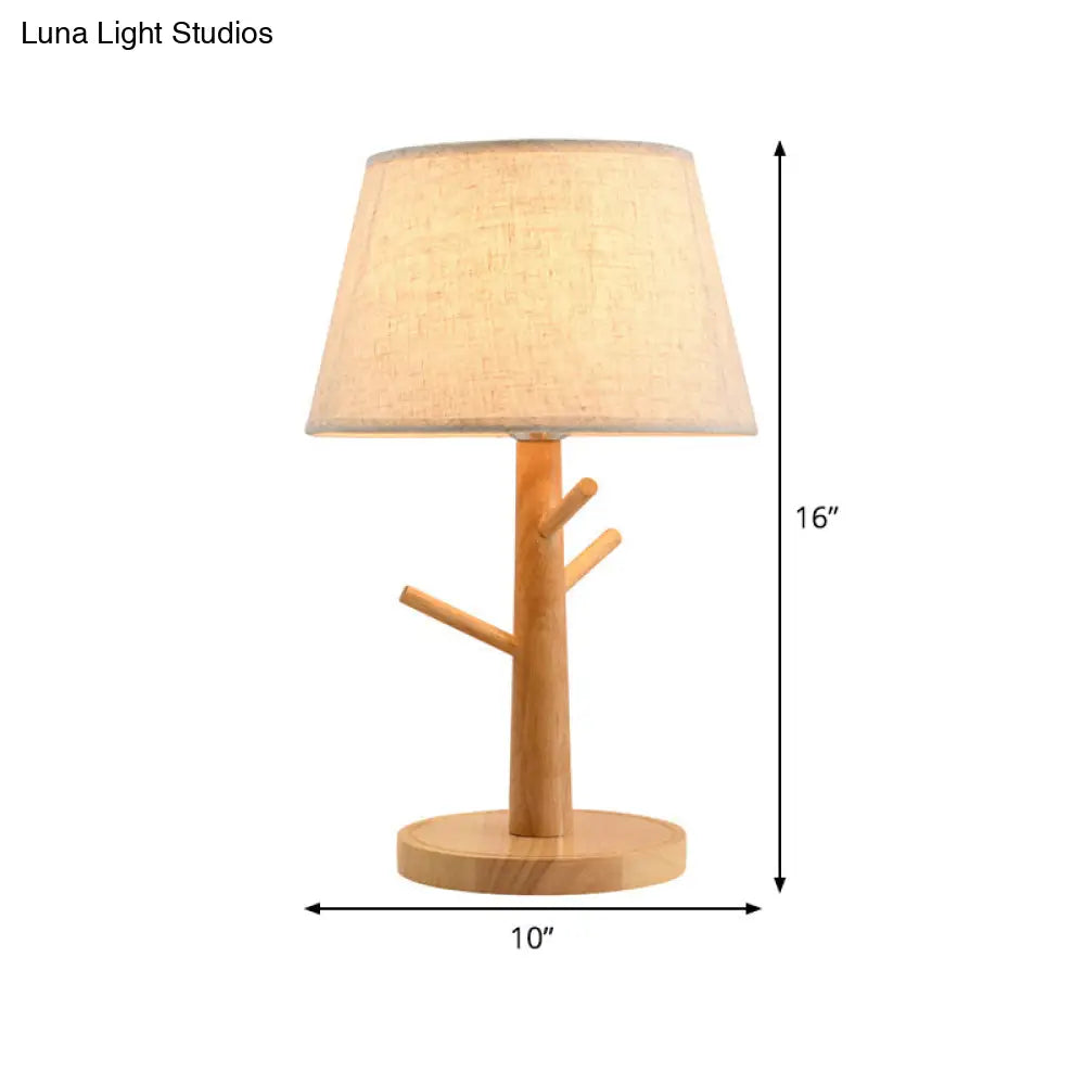 Contemporary Wood Tapered Drum Nightstand Lamp With Reading Light - Fabric Shade