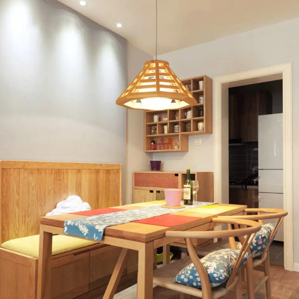 Contemporary Wooden Pendant Ceiling Light With Cream Glass Shade - Single-Bulb Dining Room Hanging