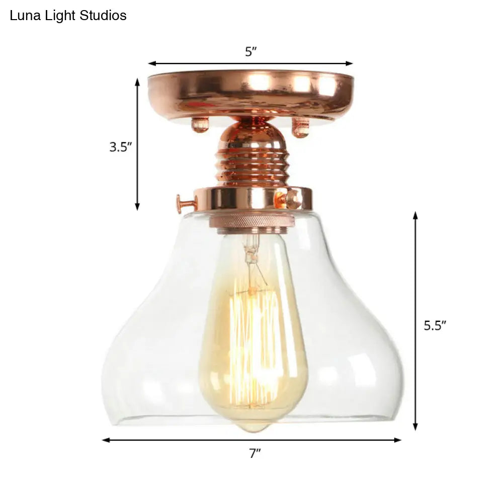 Copper Ceiling Semi Flush Light With Clear Glass Globe Shade - Industrial Style