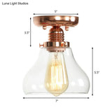 Copper Ceiling Semi Flush Light With Clear Glass Globe Shade - Industrial Style