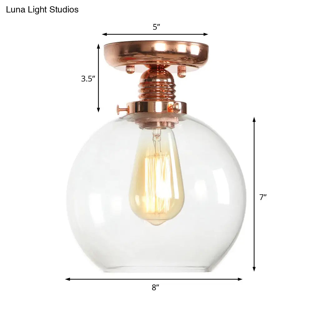 Copper Ceiling Semi Flush Light With Clear Glass Globe Shade - Industrial Style
