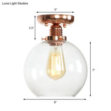 Copper Ceiling Semi Flush Light With Clear Glass Globe Shade - Industrial Style