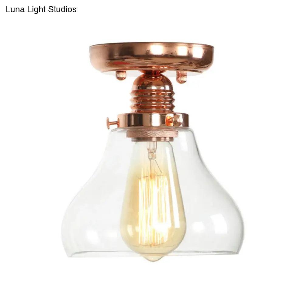 Copper Ceiling Semi Flush Light With Clear Glass Globe Shade - Industrial Style