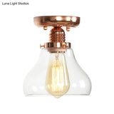 Copper Ceiling Semi Flush Light With Clear Glass Globe Shade - Industrial Style