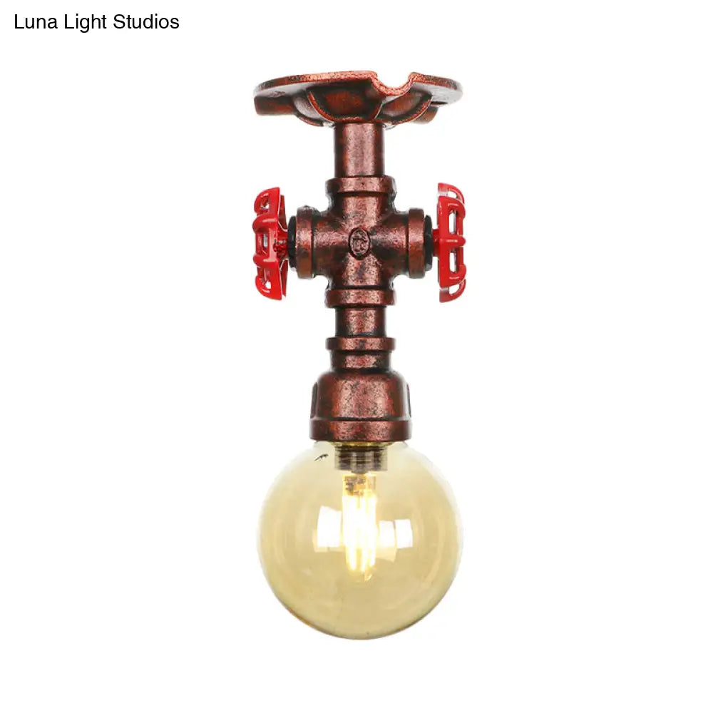 Copper Finish Semi Flush Mount Vintage Ceiling Lamp With Amber Glass Orb