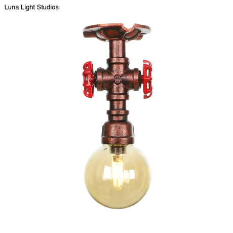 Copper Finish Semi Flush Mount Vintage Ceiling Lamp With Amber Glass Orb