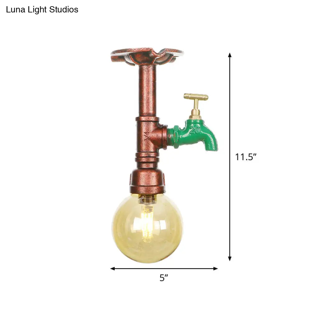 Copper Finish Semi Flush Mount Vintage Ceiling Lamp With Amber Glass Orb