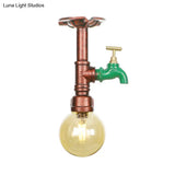 Copper Finish Semi Flush Mount Vintage Ceiling Lamp With Amber Glass Orb