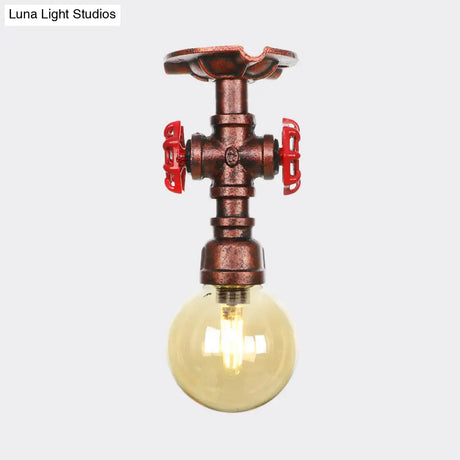 Copper Finish Semi Flush Mount Vintage Ceiling Lamp With Amber Glass Orb
