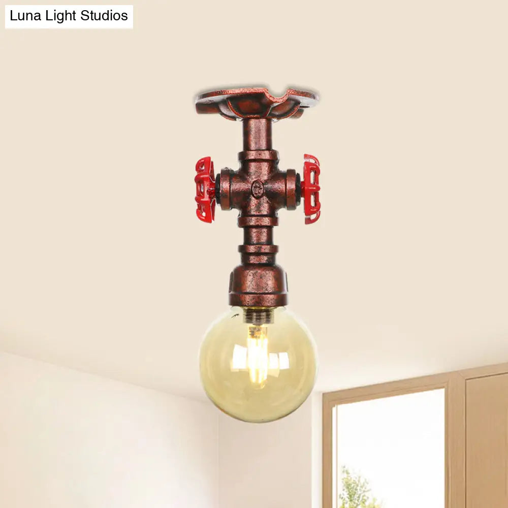 Copper Finish Semi Flush Mount Vintage Ceiling Lamp With Amber Glass Orb