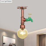 Copper Finish Semi Flush Mount Vintage Ceiling Lamp With Amber Glass Orb