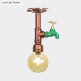 Copper Finish Semi Flush Mount Vintage Ceiling Lamp With Amber Glass Orb