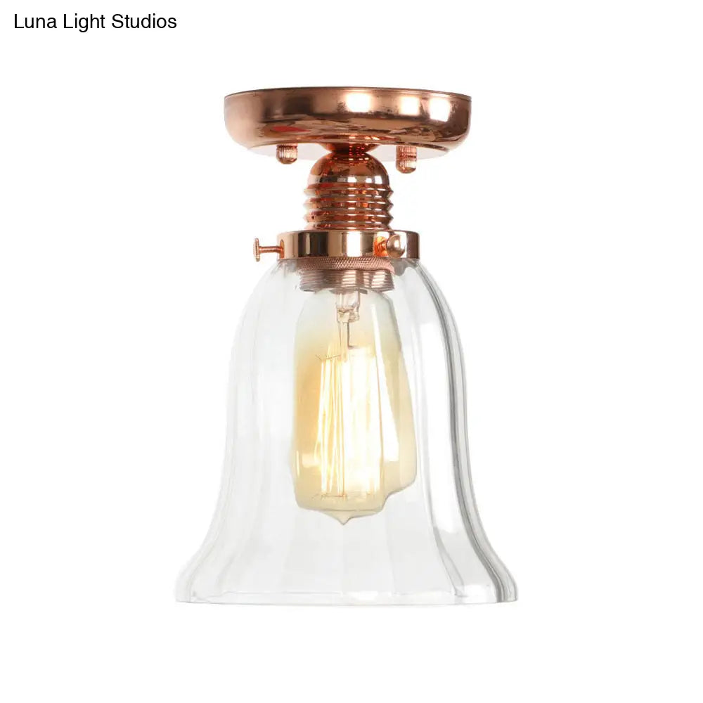 Copper Semi Flush Ceiling Fixture: Clear Glass Cone/Barrel/Bell Shade For Industrial Living Room