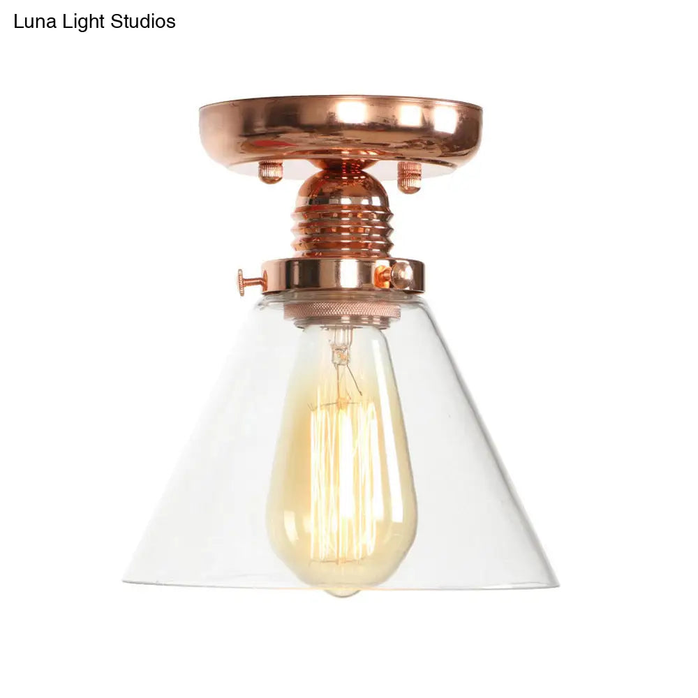 Copper Semi Flush Ceiling Fixture: Clear Glass Cone/Barrel/Bell Shade For Industrial Living Room