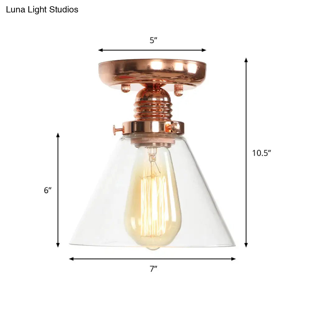 Copper Semi Flush Ceiling Fixture: Clear Glass Cone/Barrel/Bell Shade For Industrial Living Room