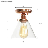 Copper Semi Flush Ceiling Fixture: Clear Glass Cone/Barrel/Bell Shade For Industrial Living Room