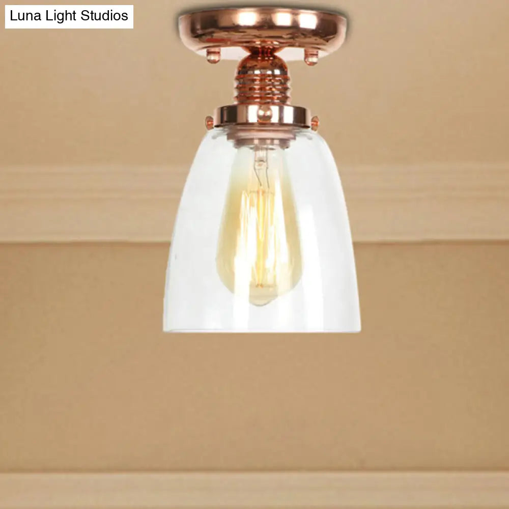 Copper Semi Flush Ceiling Fixture: Clear Glass Cone/Barrel/Bell Shade For Industrial Living Room