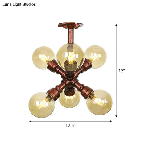 Copper Semi-Mount Led Flush Lamp In Amber Glass - Farmhouse Global Design