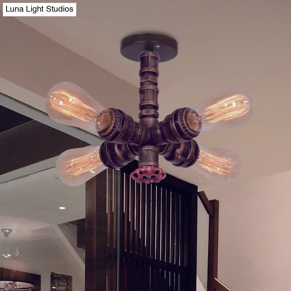 Copper Vintage Metal Sputnik Pipe Flushmount Lighting Fixture - 4 Lights Semi Flush Valve Deco