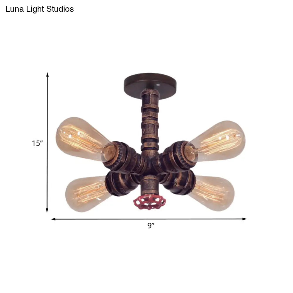 Copper Vintage Metal Sputnik Pipe Flushmount Lighting Fixture - 4 Lights Semi Flush Valve Deco