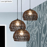 Corridor Hanging Light Fixture With Rattan Shade - Chic Black/Beige Suspended Lamp
