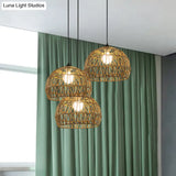 Corridor Hanging Light Fixture With Rattan Shade - Chic Black/Beige Suspended Lamp