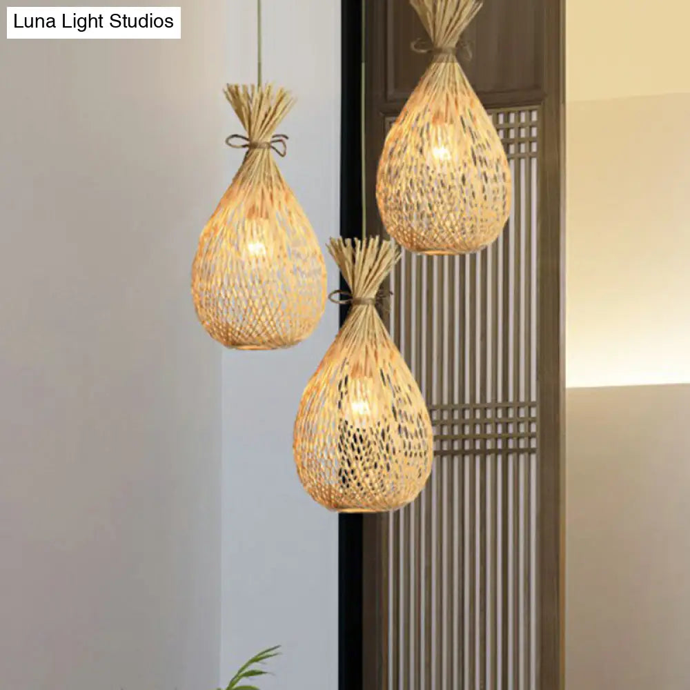 Cottage Bamboo Cluster Pendant Light Fixture - Wood Teardrop Shape 3 Heads