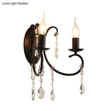 Country Black Metal Wall Lamp With Crystal Accents - 2 Head Candle-Style Fixture For Corridors