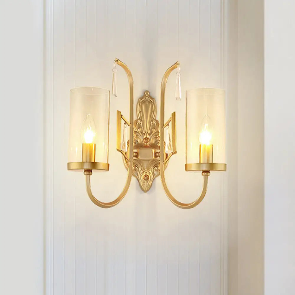 Country Clear Glass Wall Sconce With Curved Arm - Gold Cylinder Surface Lighting For Living Room 2 /