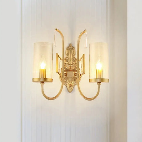 Country Clear Glass Wall Sconce With Curved Arm - Gold Cylinder Surface Lighting For Living Room 2 /