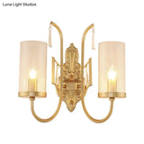 Country Clear Glass Wall Sconce With Curved Arm - Gold Cylinder Surface Lighting For Living Room
