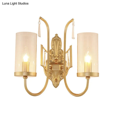 Country Clear Glass Wall Sconce With Curved Arm - Gold Cylinder Surface Lighting For Living Room