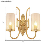 Country Clear Glass Wall Sconce With Curved Arm - Gold Cylinder Surface Lighting For Living Room